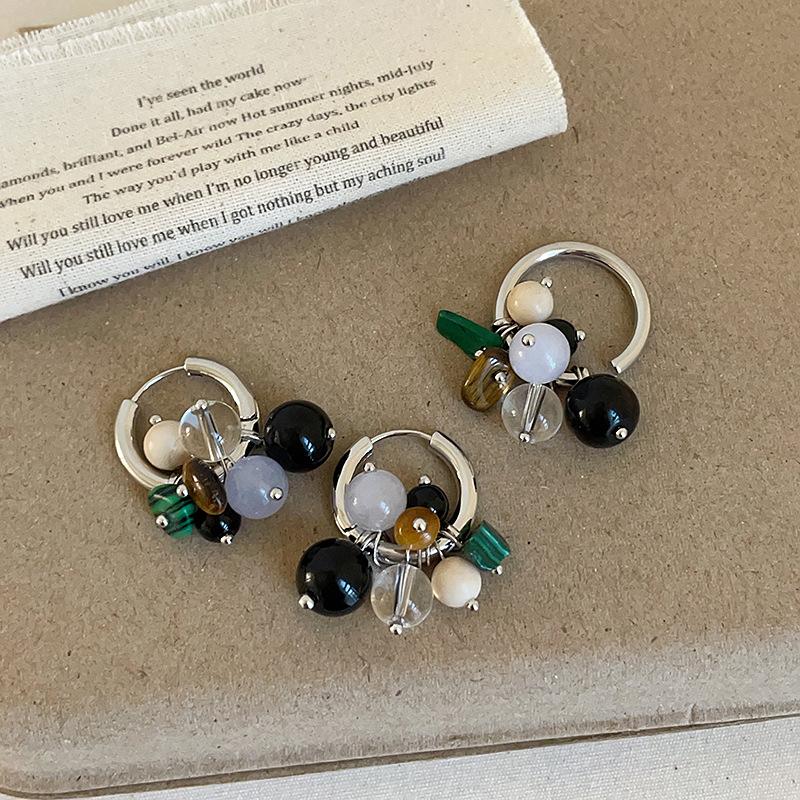 Retro Light Luxury Natural Stone Beaded Fringed Metal Ring Women'S Niche High-End Elegant Versatile Earrings