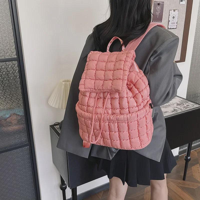 Women's Fluffy Plaid Down Backpack - Stylish, Lightweight, Large Capacity for Fall/Winter Commuting and Travel.