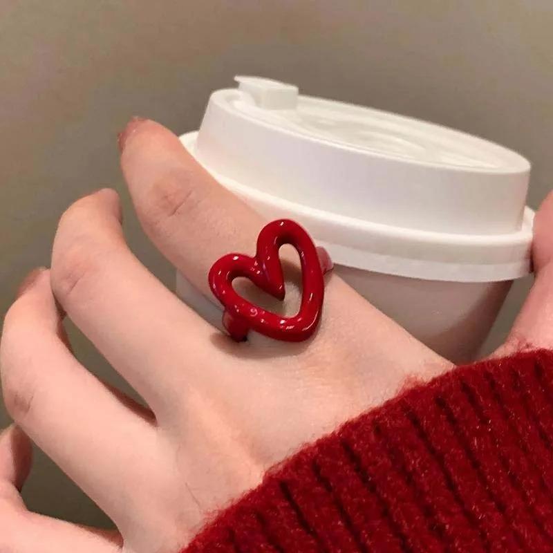 Punk&Hiphop Red Enamel Heart Love Rings for Women Fashion Geometric Open Dripping Oil White Ring Y2K Summer Couple  Gifts