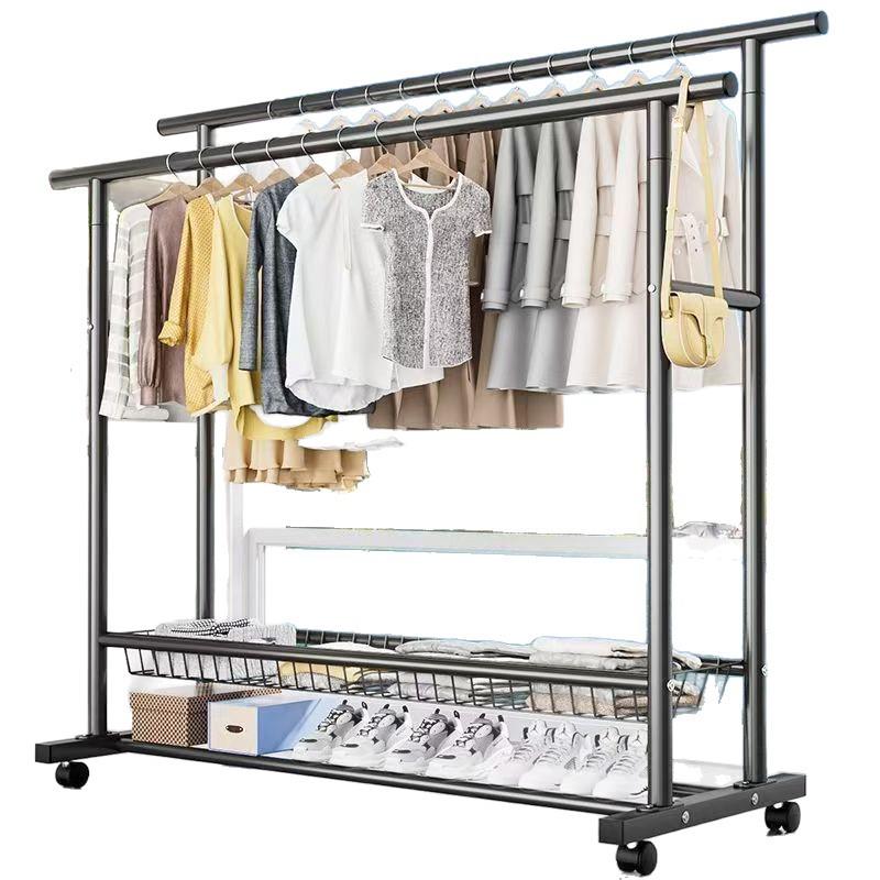 Extra Thick Double Rod Mobile Clothes Rack for Home and Dormitory