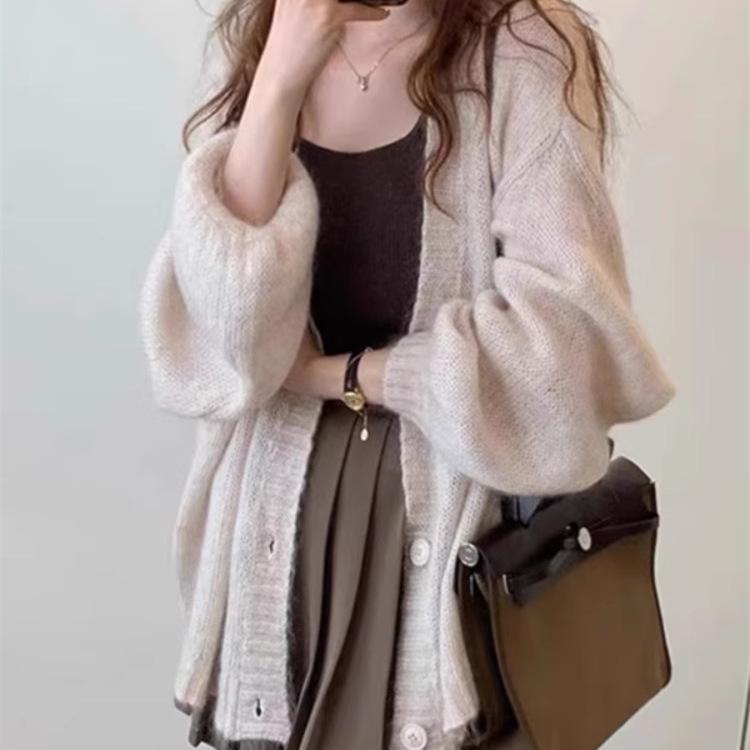 Damen Retro Laternenärmel Mohair Strickjacke - Neuer 2025 Locker Gestrickter Pullover