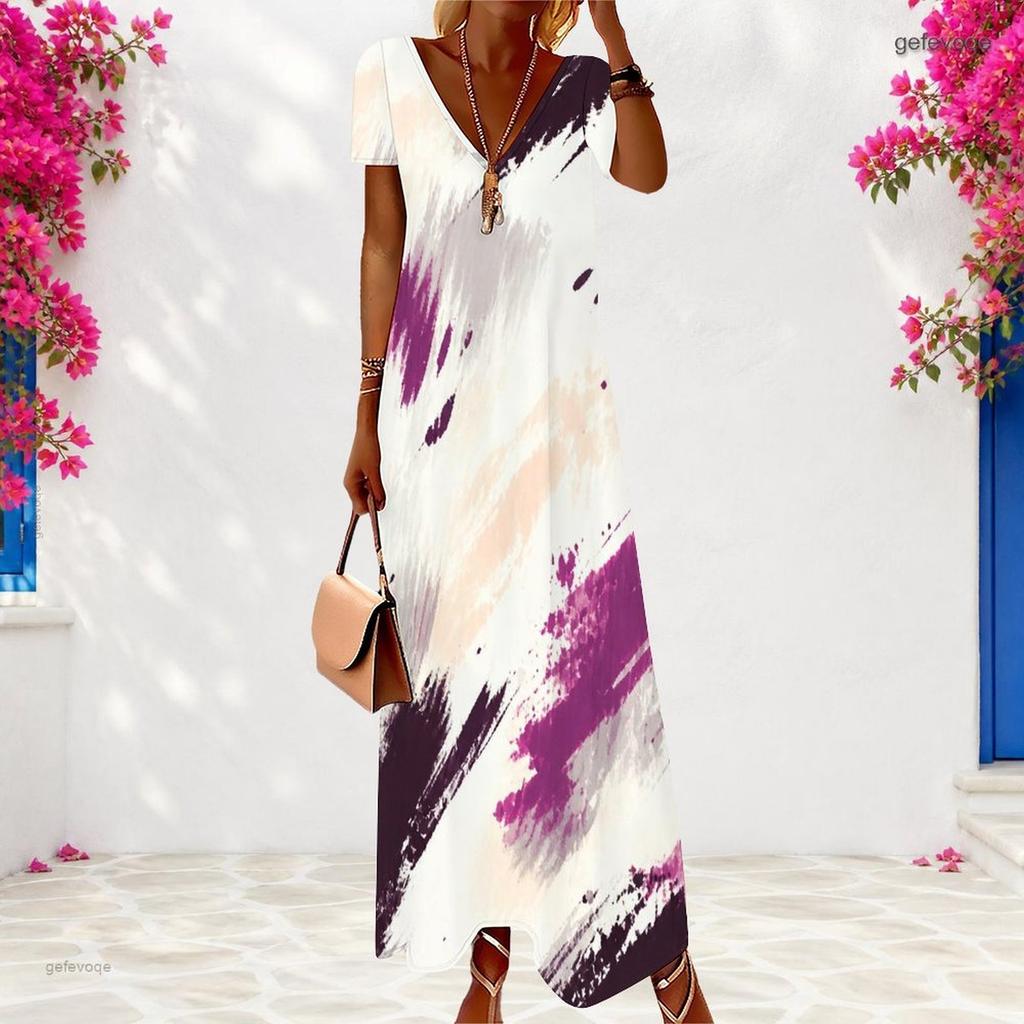 Women Plus Size V Neck Short Sleeve Marble Printed Teal Blue Maxi Dress