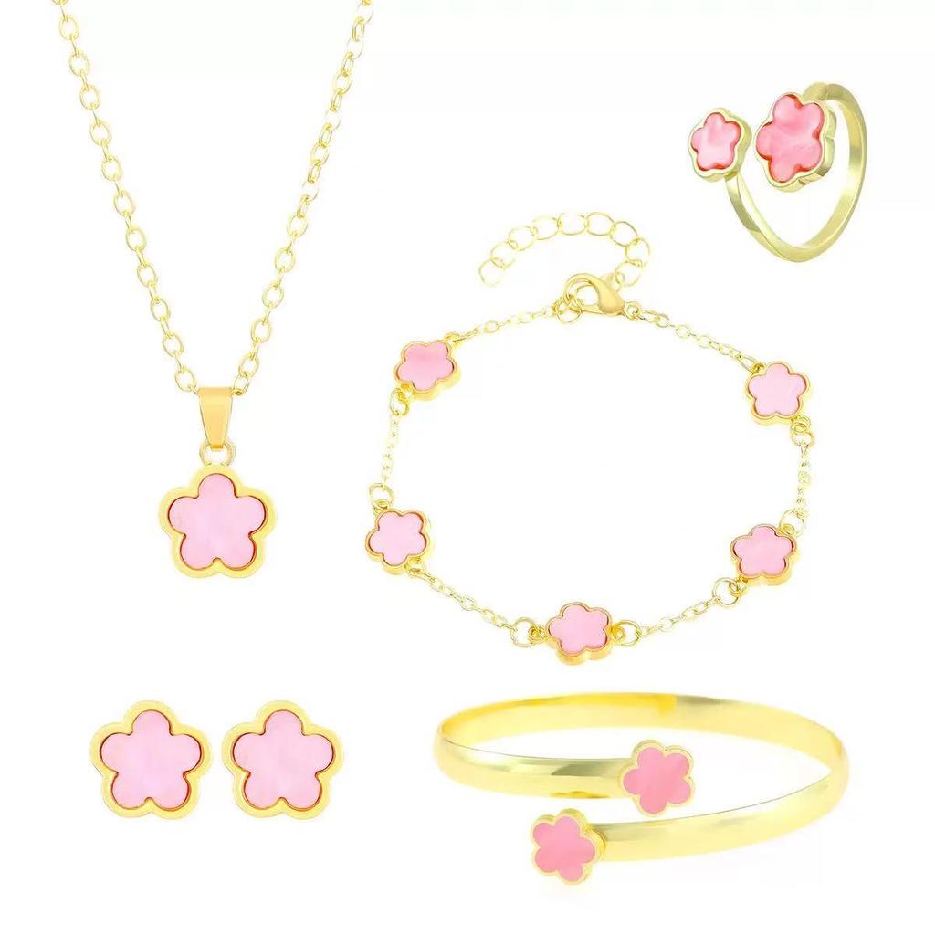 Elegant 5-Piece Flower Jewelry Set: Necklace, Bracelet, Earrings, and Ring.