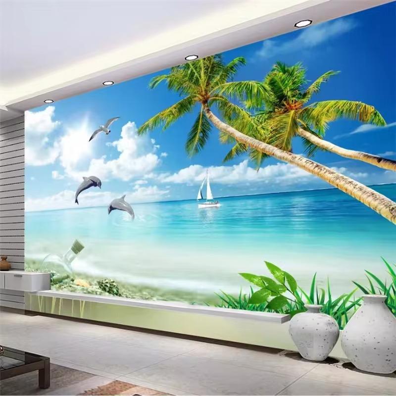 Beach Mural Sunshine Sky Tapeta Tropické palmy Beach Mural pro obývací pokoj, ložnici, kancelář