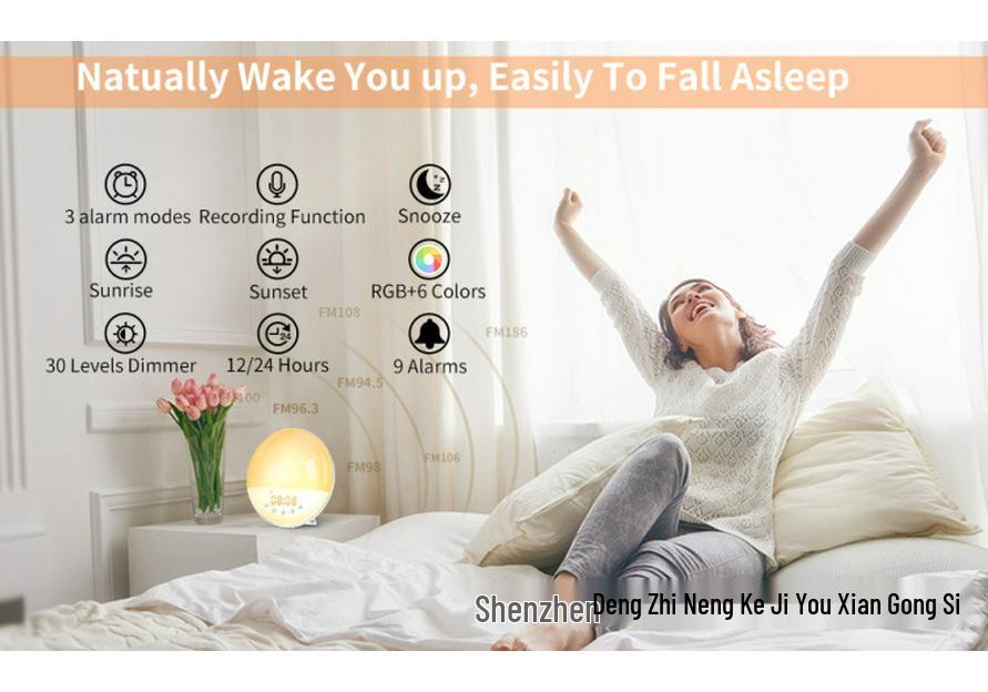 LED Sunrise Alarm Clock with FM Radio & Seven-Color Night Light