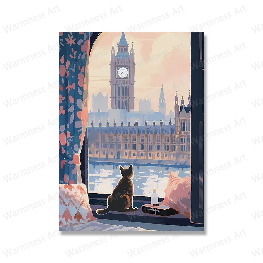 Adorabili gatti guardano il paesaggio, stampe artistiche su tela, quadri del viaggio a Firenze, montagna Fuji, Parigi, Grecia, poster