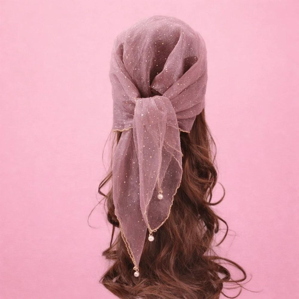 Fashion Pearl Tassel Diamond Hijab Rhinestone Square Pearl Tassel Scarf Full Sky Thin Veil Veil Bandana Women Headwear
