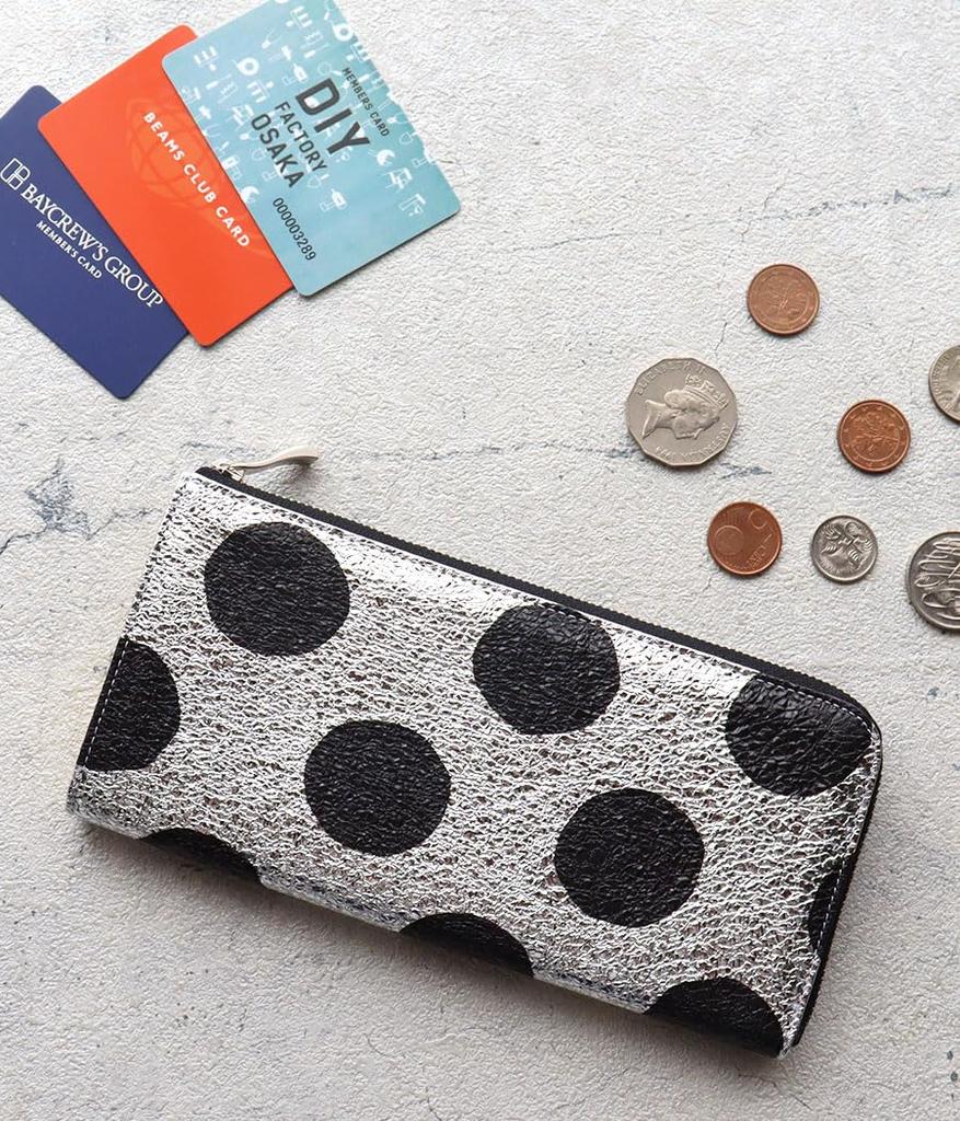 VIA DOAN Women's Slim L-Shaped Zipper Long Wallet, Genuine Leather, Polka Dot Pattern, Made in Japan [No. 561]