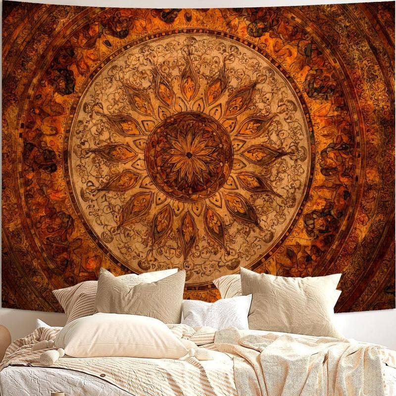 Retro Sun Mandala Tapestry Bohemian Orange Brown Pattern Background Bohemian Atmosphere Room Decoration
