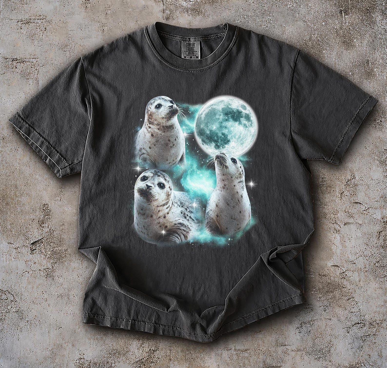 Three Seal Moon Vintage 90s Bootleg Shirt, Funny Sea Animal Graphic T-Shirt, Animal Lover Shirt, Y2K Space Graphic T-Shirt L