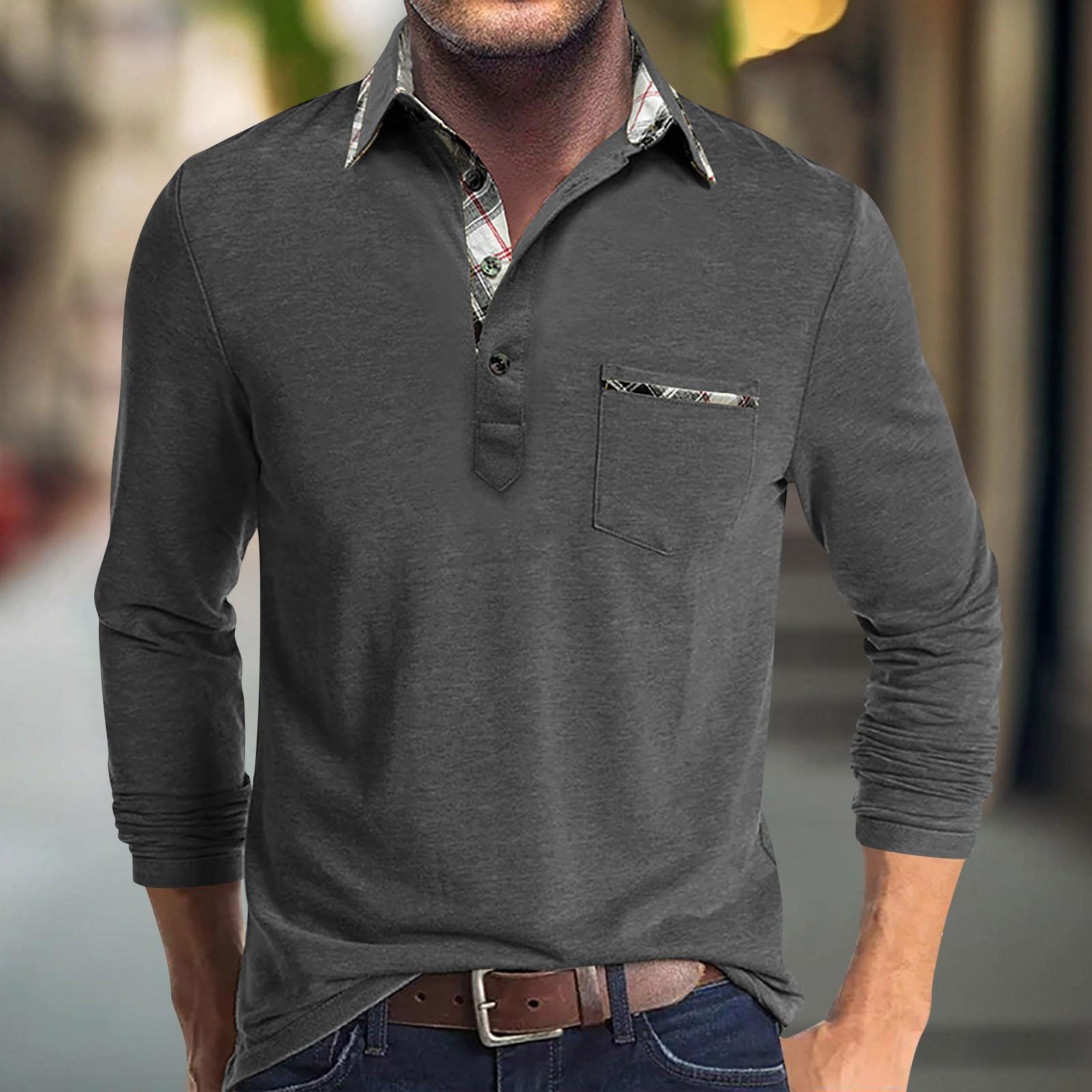 

Мужская весенняя однотонная футболка с отворотом, 3 пуговицами, открытой планкой, длинными рукавами M