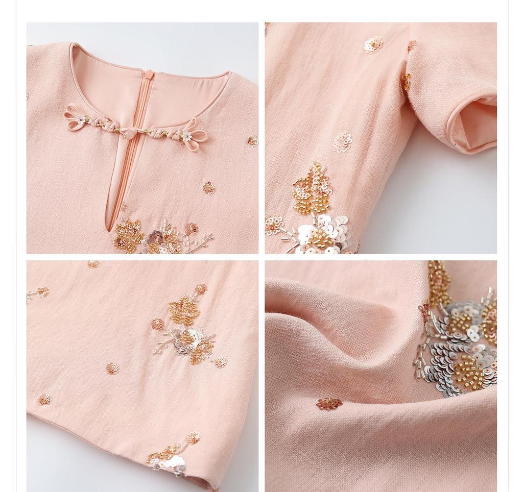 Chinese National Style Embroidered Summer Dress with Beading In Floral A-line Design