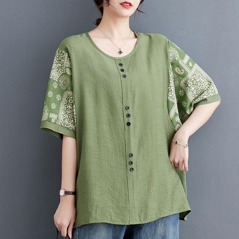 Cotton and Linen Splicing Printing Summer New Top Large Size Women's Retro Shirt Loose and Thin Foreign Short Sleeves Plus Size