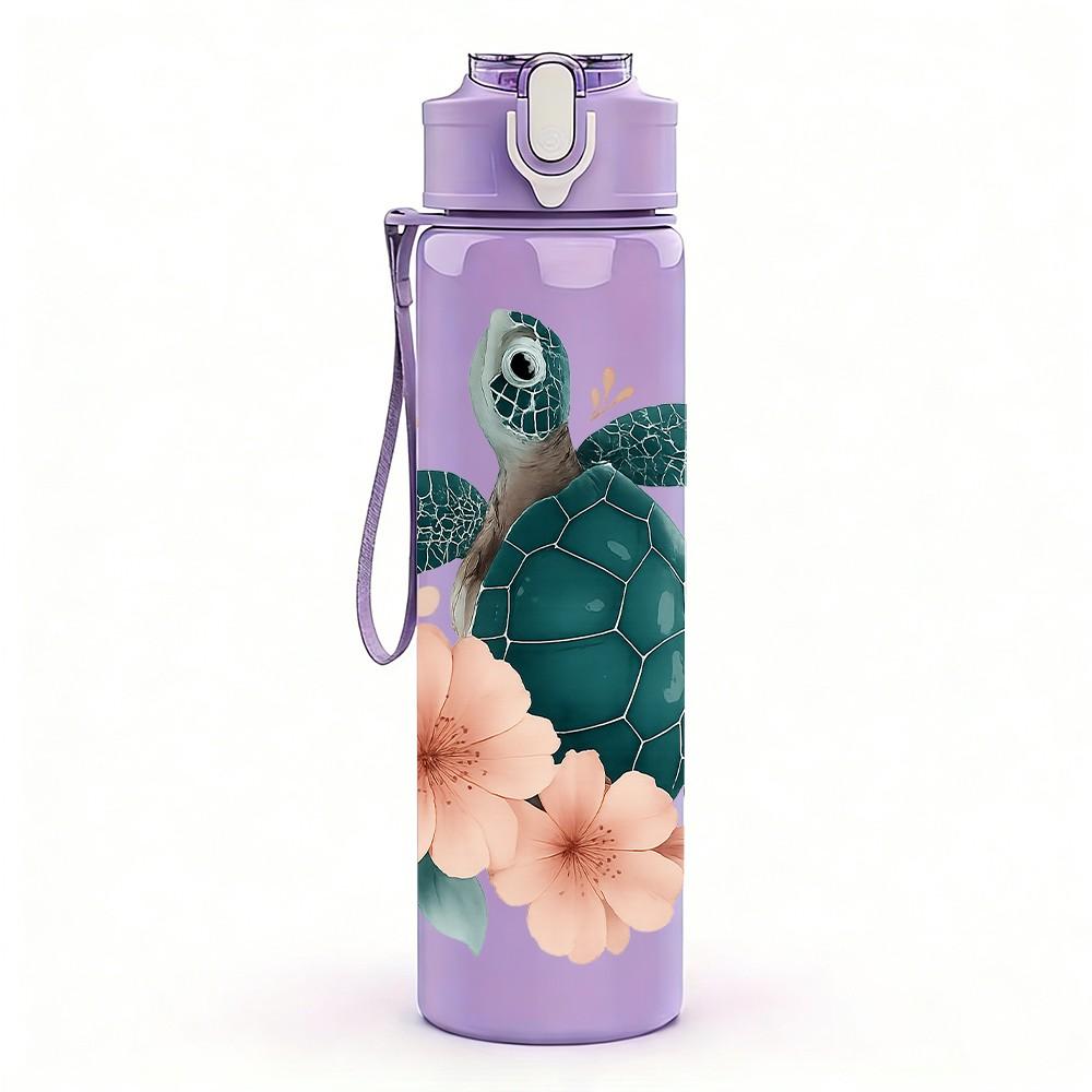 1 Stück Florales Meeresschildkröten-Print 750ml Farbe Kunststoff Sport-Wasserflasche Auslaufsicher Klappdeckel mit Strohhalm Geeignet für Sport Büro Heimgebrauch