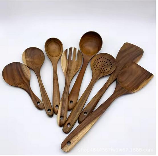 Teak Non-Stick Long-Handle Solid Wood Pan and Acacia Wood Kitchenware Set
