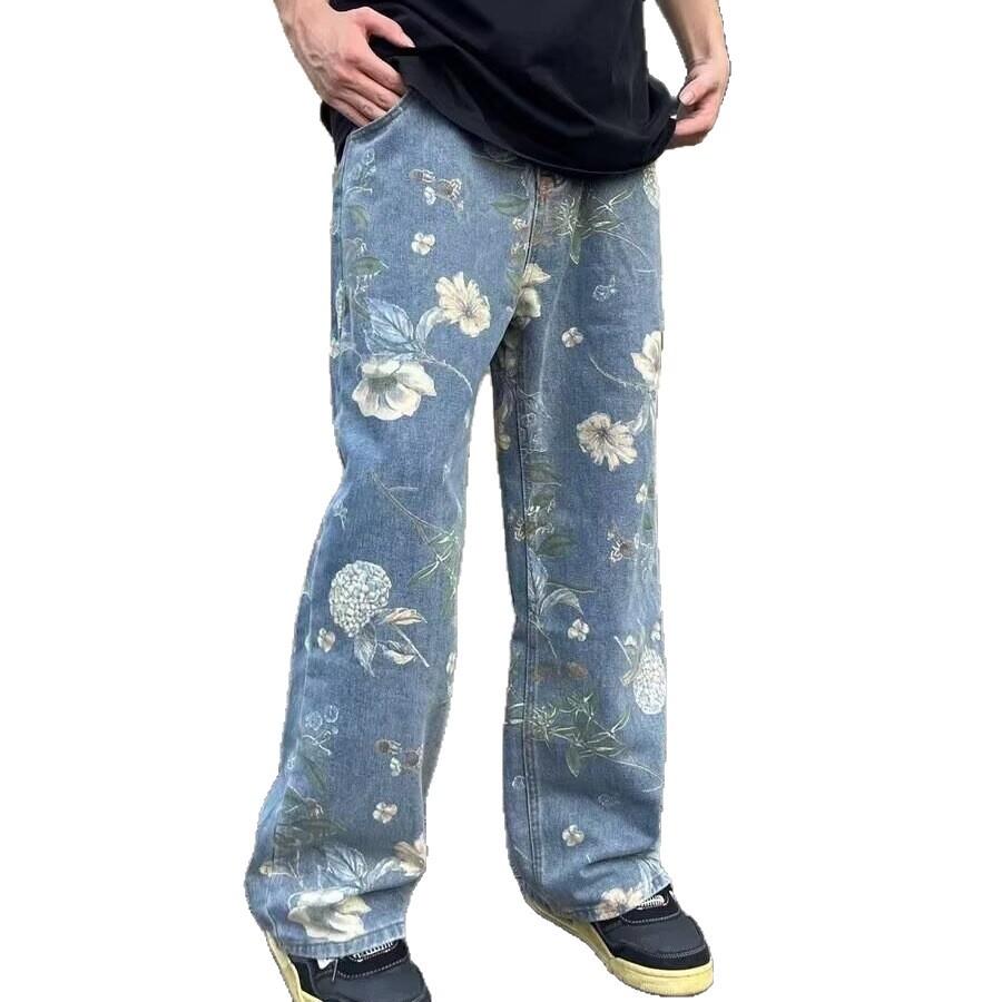 Printed Painted Jeans Men's New Popular Pants Spring and Autumn Wide-leg Pants Thin Straight Pants