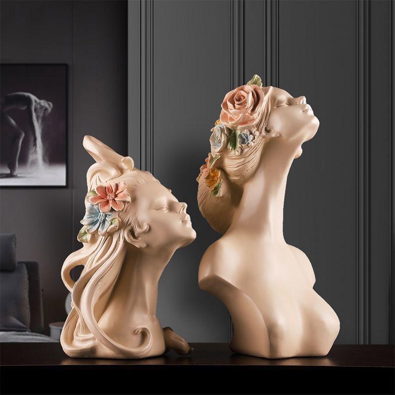 Flower Head Girl Sculpture Resin Figure Decoration Home Livingroom Table Figurines Accessories Art Hotel Desk Statue Ornaments