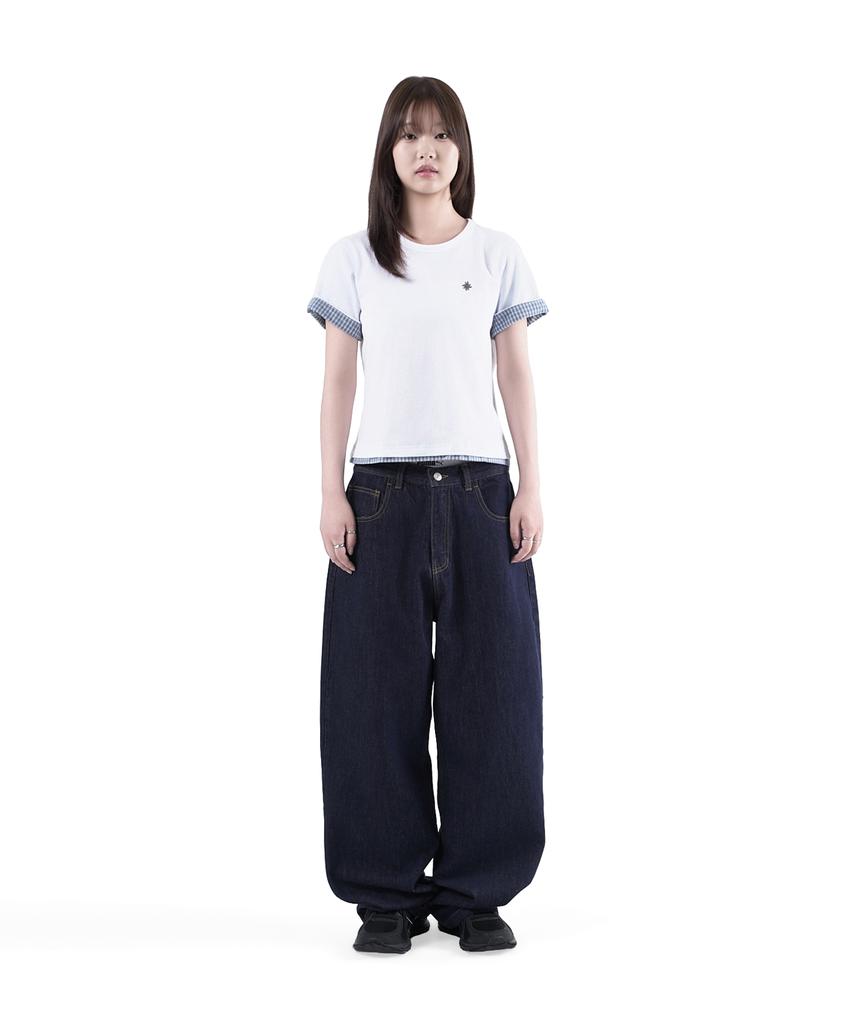 SLOW RECORD HOUSE Layered Check Roll-Up T-Shirt_White