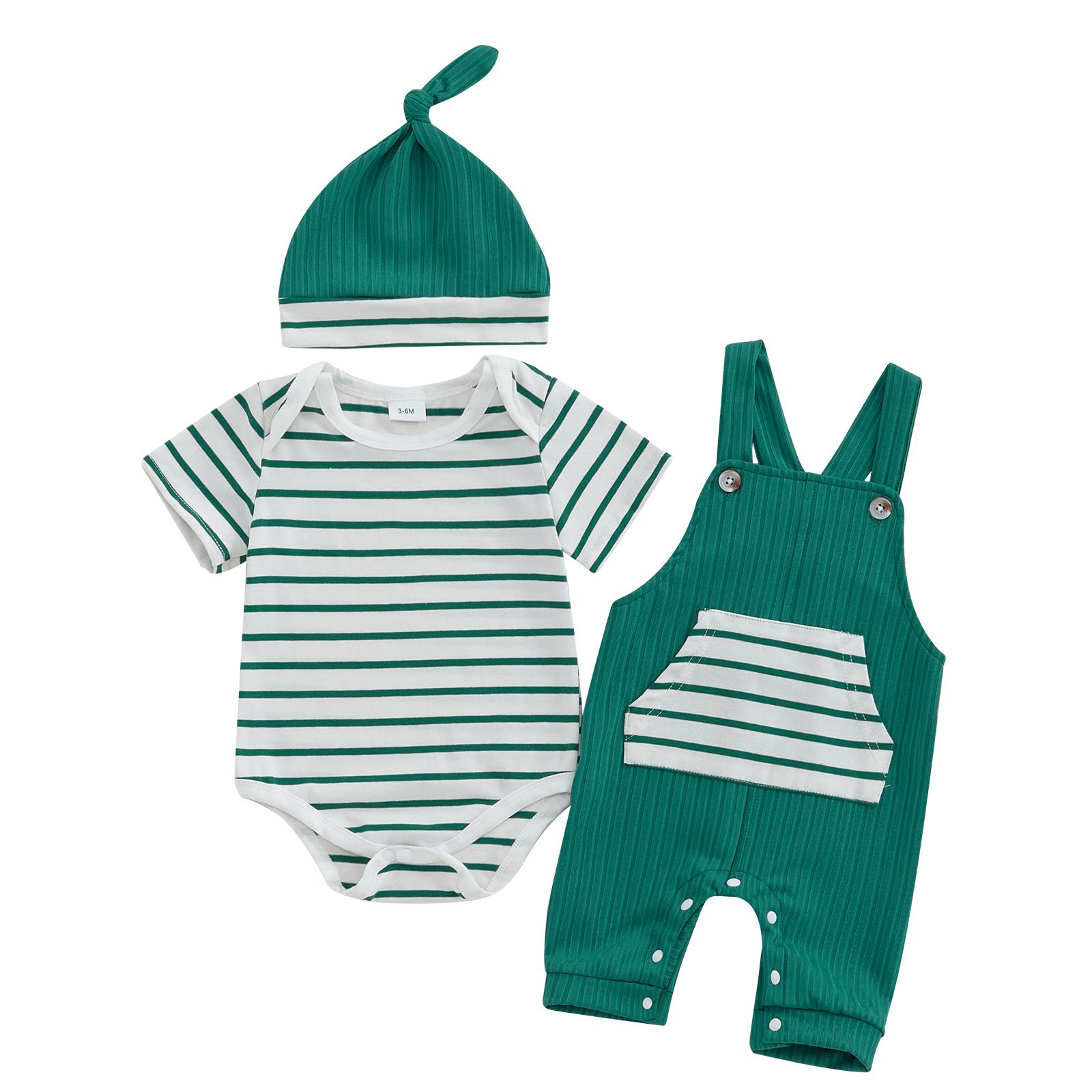 

Летняя одежда для мальчиков в полоску с короткими рукавами, комбинезон с подтяжками, штаны, шапка, комплект из 3 предметов одежды 12-18 Months зелёный