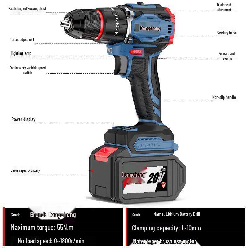 Dongcheng Brushless Power Tool Combo: Rechargeable Lithium Battery Hammer, Electric Drill, Wrench, and Angle Grinder.