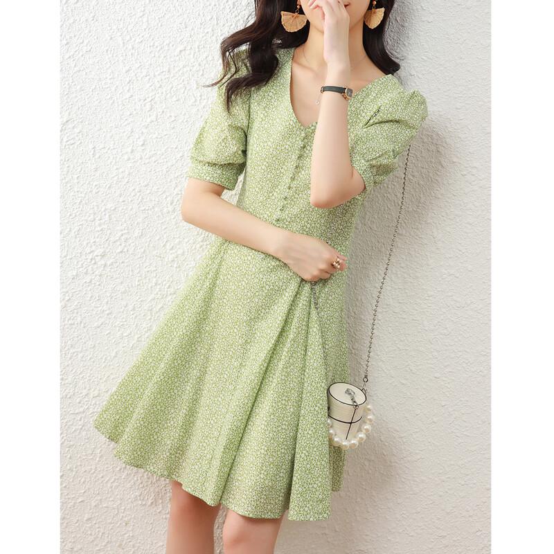 Elegant Floral Puff Sleeve V-Neck Midi Dress XL