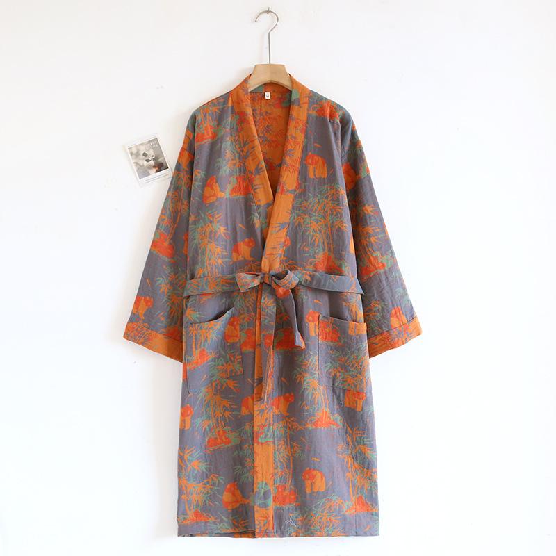 Spring Jacquard High Quality Color Woven Cotton Double Layer Gauze Sleeping Robes for Women Medium Length Yukata Bathrobe