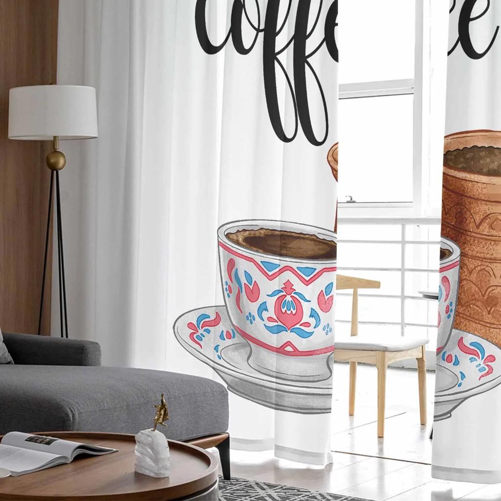 Coffee Cup Sheer Curtains For Living Room Kitchen Window Curtains Bedroom Tulle Voile Curtains