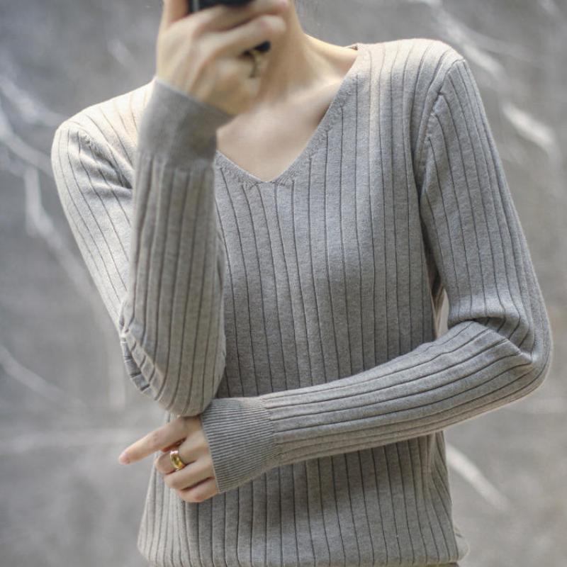 Autumn New Thin Casual Pullover Sweater Women Long Sleeve Base V-neck Knitted Sweater for Women Winter Bottoming Slim Fit Female Knitwear Tops 24744
