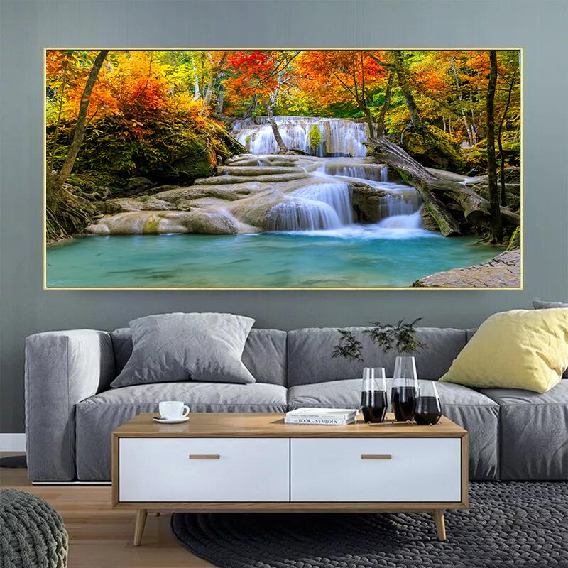 Canvas Wall Art Green Tree Canvas Painting Landscape Waterfall Wall Poster Print Picture Living Room Home Decor No Frame