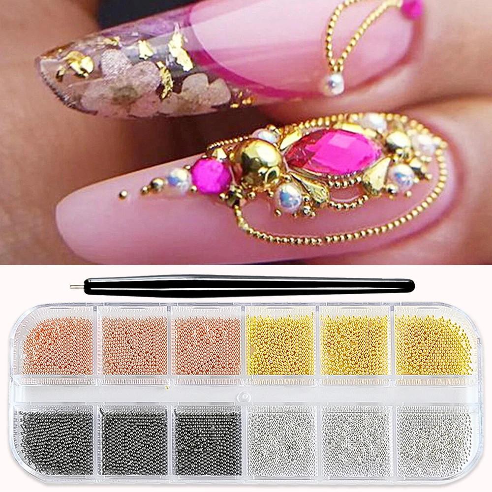 12Grids Mini Caviar Beads Nail Art Decorations Metal Gold/Silver Micro Ball Nail Charms Magnetic Pen 0.5~3mm Ball Nail Jewelry