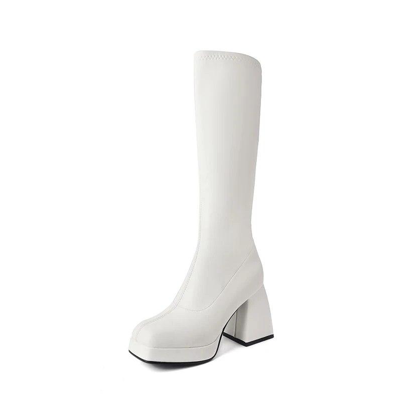 

ANNYMOLI Жіночі високі чоботи Gogo з квадратним носком, товсті високі підбори, довгі чоботи на платформі, жіноче модне взуття, зимовий, коричневий, бежевий 43 39 білий