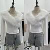 Millennial Hot Girl Fur Patchwork V-Neck Long Sleeve Slimming Top 23326