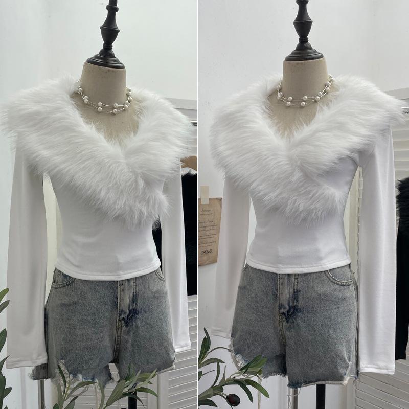 Millennial Hot Girl Fur Patchwork V-Neck Long Sleeve Slimming Top 23326