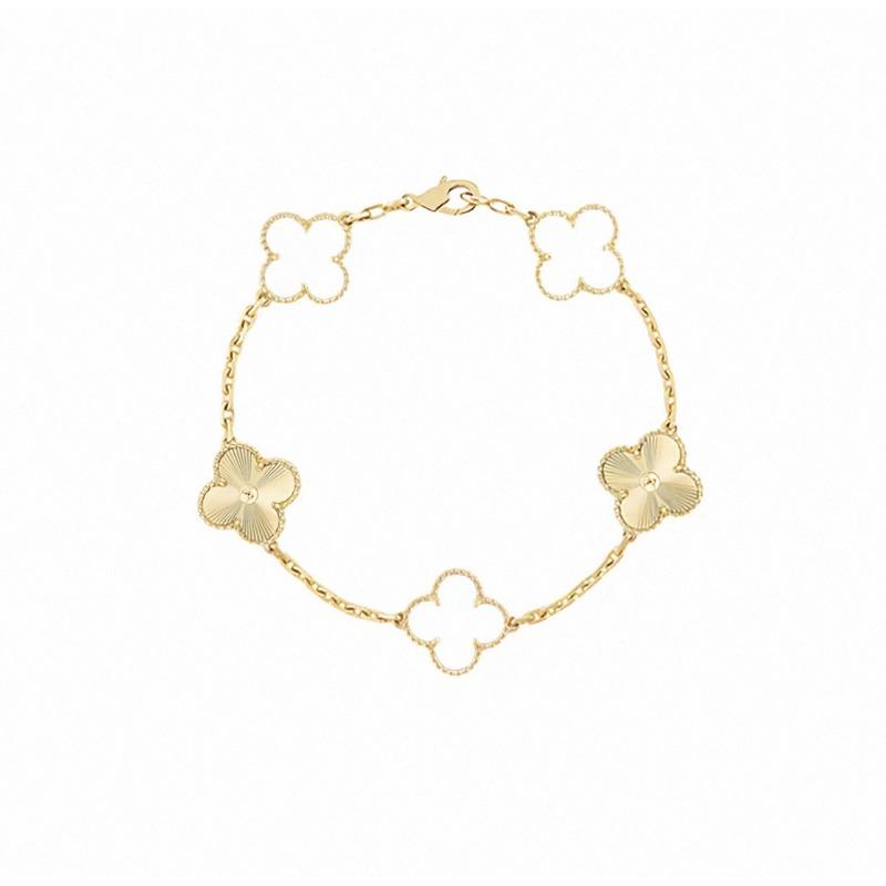 Four-leaf Clover Five-flower Bracelet for Women Rose Gold Lucky Clover Bracelet with White Mother-of-pearl and Red Agate Fashionable Bangle