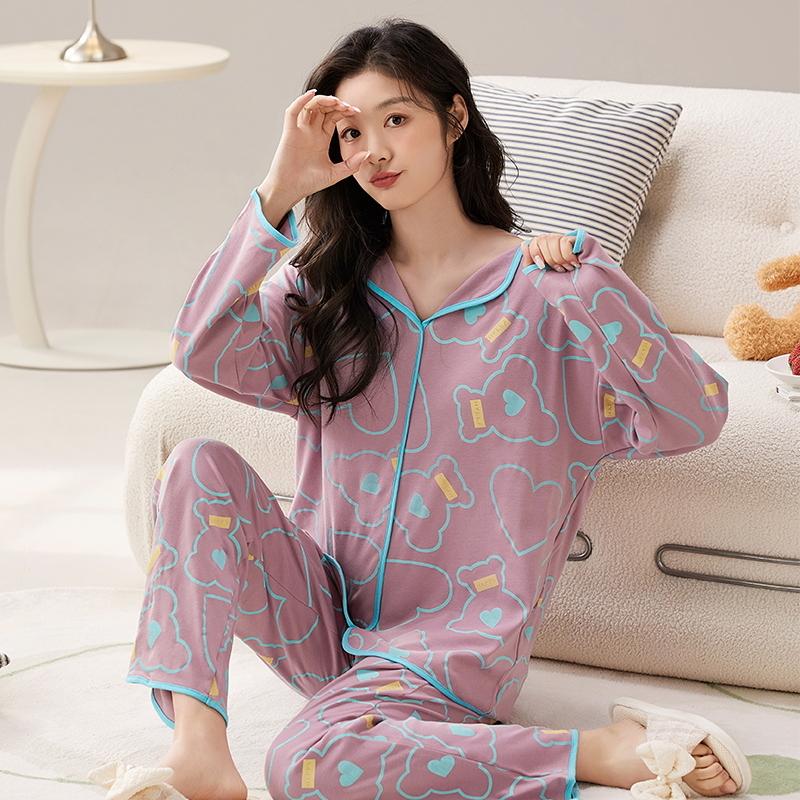 Bear Blue Flower Women Pajamas Set Long Sleeves Long Pants Autumn Winter Cute Kawaii Sleepwear Pyjamas Soft Pijamas Ladies Cozy