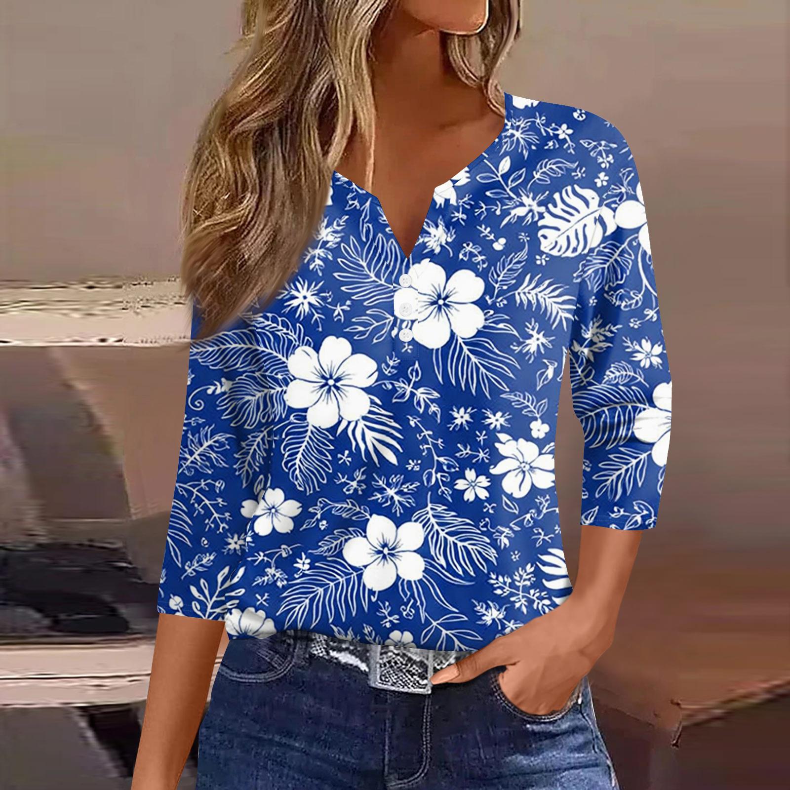 

Женская футболка с принтом на пуговицах, короткий рукав, туника, повседневная мода на выходные, базовый топ с V-образным вырезом XXL синий