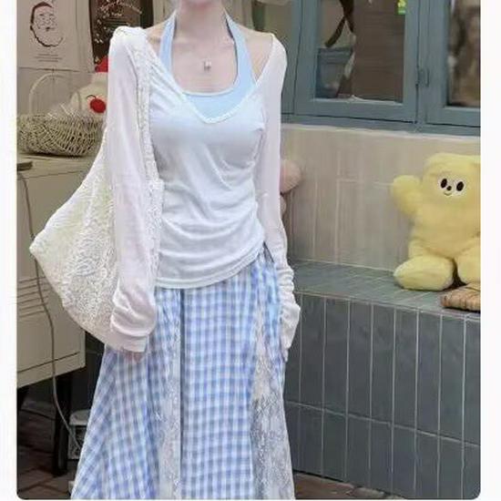 

Early Autumn Women s White Sun Protection Plaid Skirt & Camisole Three-Piece Set Extra Large