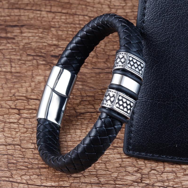 Custom Logo Engraving Genuine Leather Bracelet Stainless Steel Braided Men Magnetic Clasp Braided Leather Bracelet