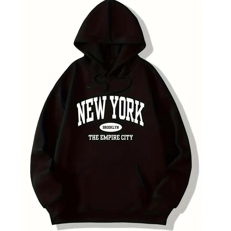 NEW YORK Pattern Hooded Sweatshirt Soft Drawstring Top Long Sleeves Jogging Fleece Fall Winter Pullover Sports Casual Hoodies
