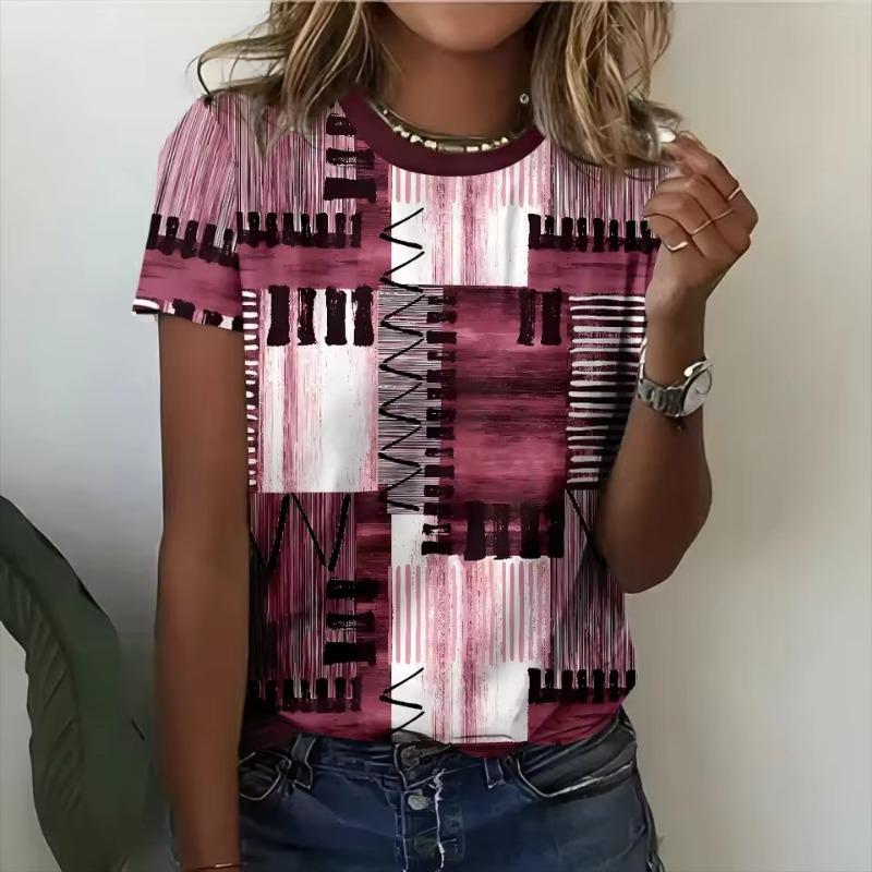 Letní dámské 3D tričko s potiskem kostkovaného vzoru, ležérní topy s krátkým rukávem a kulatým výstřihem, módní pouliční nadměrné dámské oblečení, pulovr