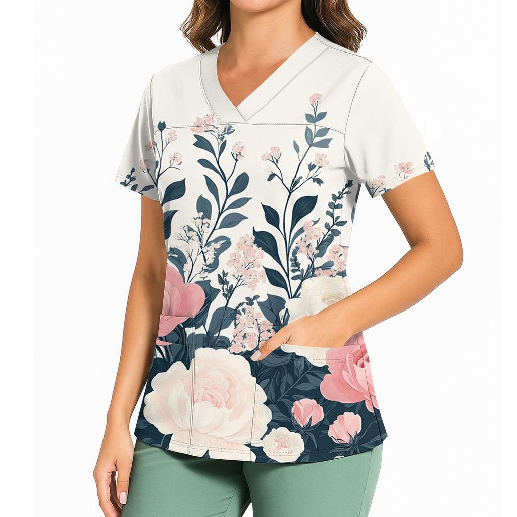 Women's Floral Print V Neck Medical Scrub Top with Side Slits Short Sleeve Professional Nurse Uniform Shirt for Healthcare Workers