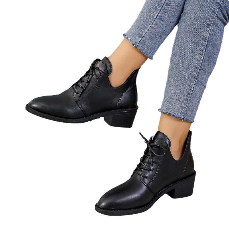 Ladies Shoes  High Quality Cross-tied Women's Boots Fashion Solid Casual Boots Women New Pointed Toe Ankle Boots Heels Women