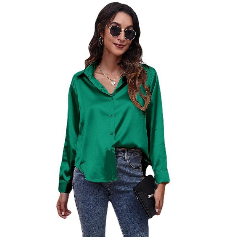 . Real Shot, Satin Shirt, Women's Satin Imitation Silk Long-sleeved Shirt, New European and American Women's Clothing
