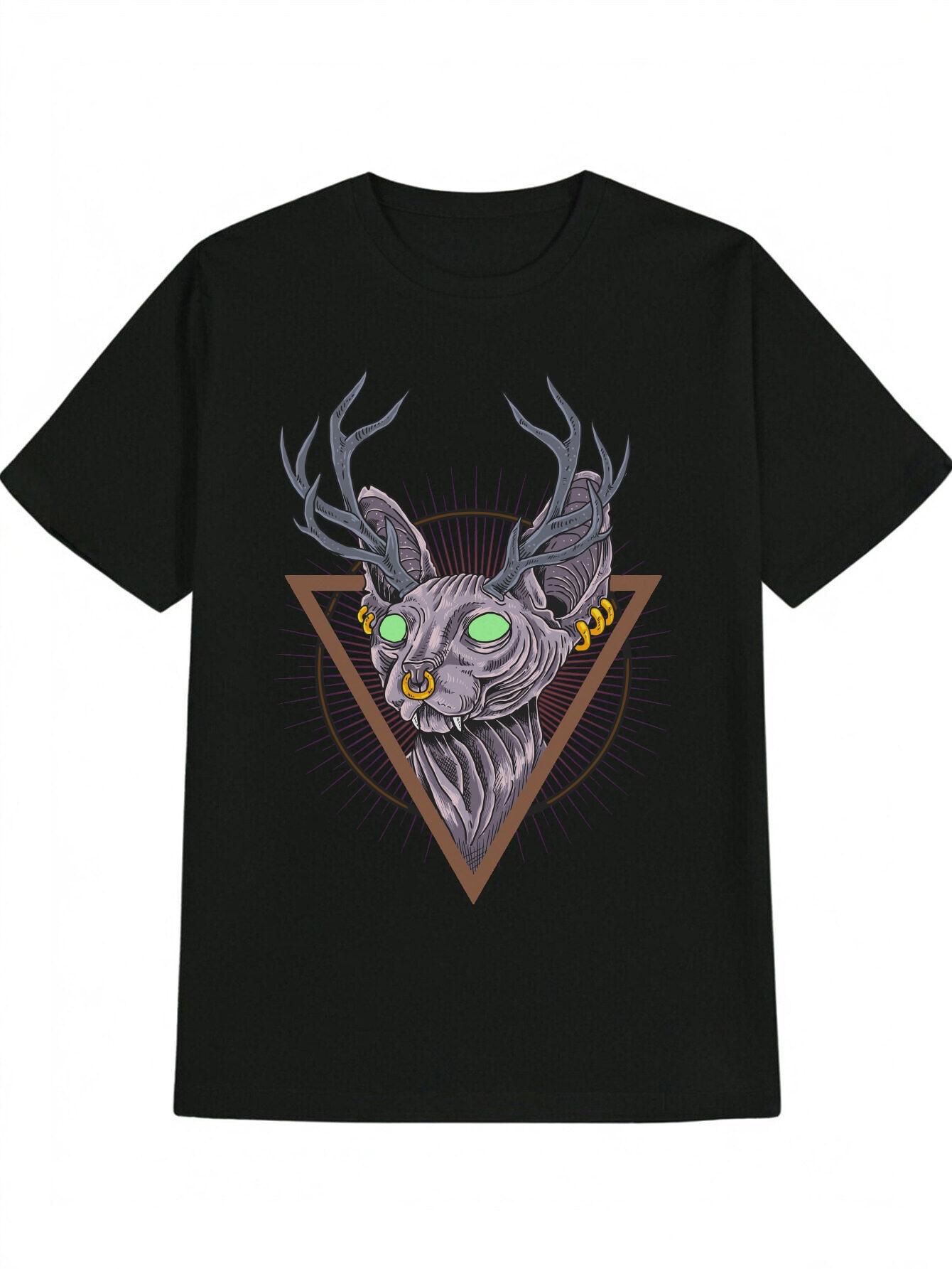 

Casual Black T-shirt with Anthropomorphic Cat Head & Antlers Print - Green Glowing Eyes L