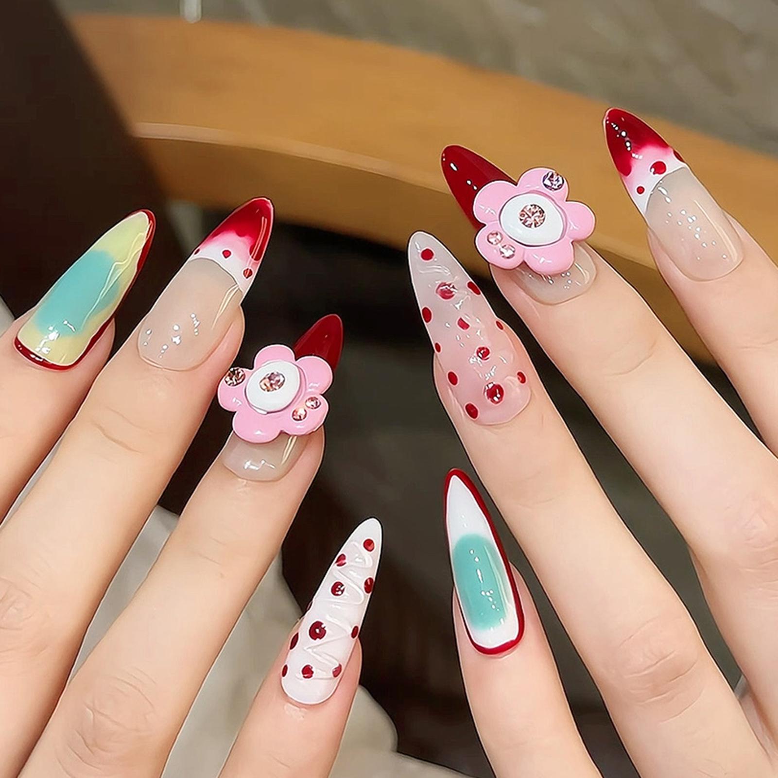 10Pcs Flower Design Gradient Blush False Nail Tips for Women Long Pointed Oval Shape Handmade Decoration XS красный