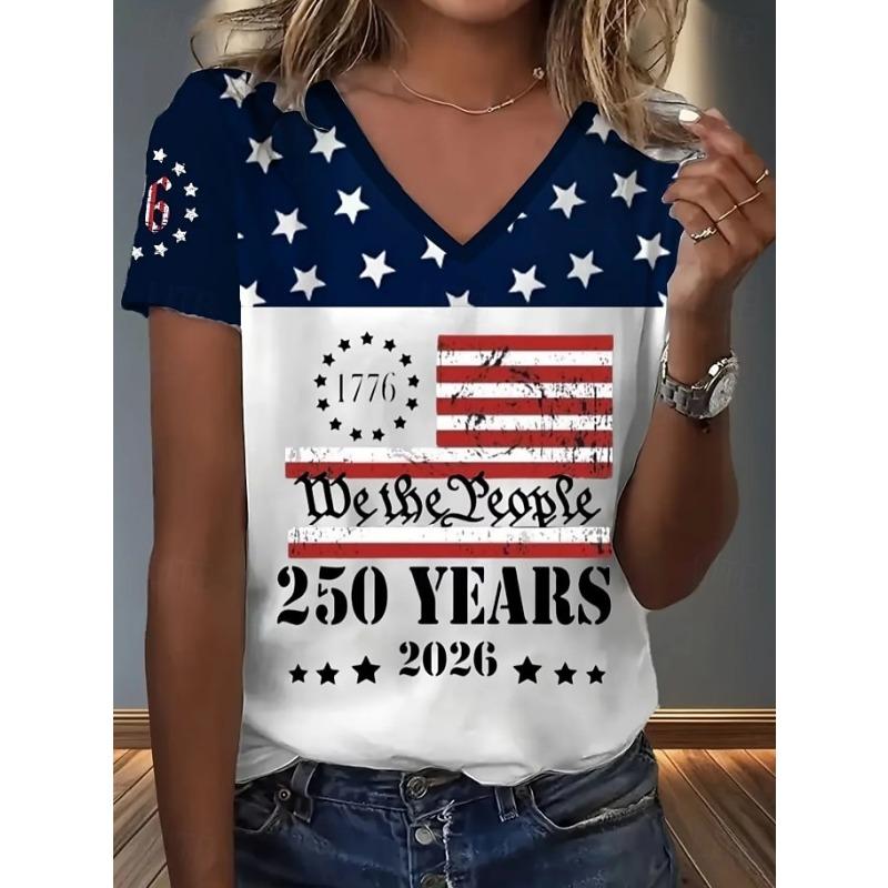 Women's T Shirt Print Graphic American Classic Short Sleeve V Neck Regular TopsSummer Spring