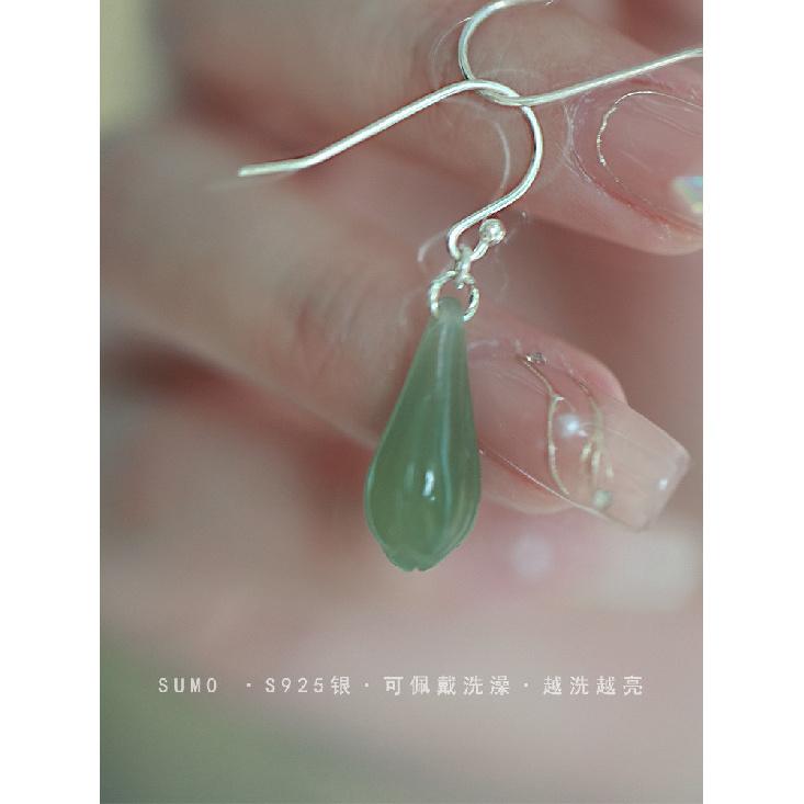 

White Gardenia*S9Pure silver natural Hetian jade orchid earrings for women, vintage Chinese style, artistic temperament, handmade Earrings A pair of ear ho