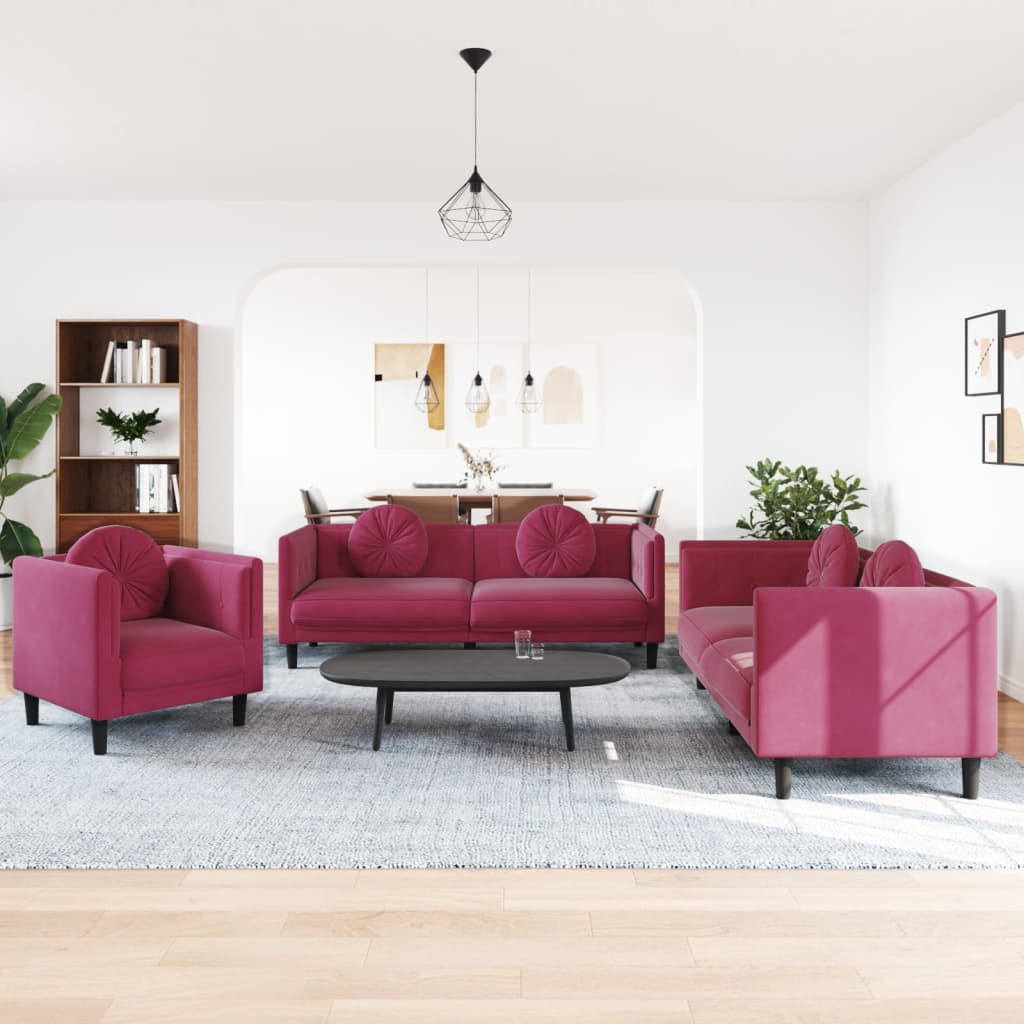 3 piece sofa set with cushions wine red velvet