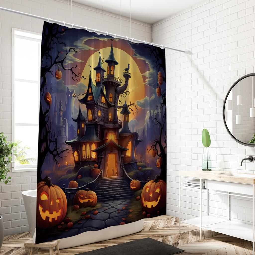 1 Piece Of 180X180Cm Shower Curtain With Halloween Castle Pumpkin Pattern Printed Partition Bathroom Waterproof And Mildew Proof
