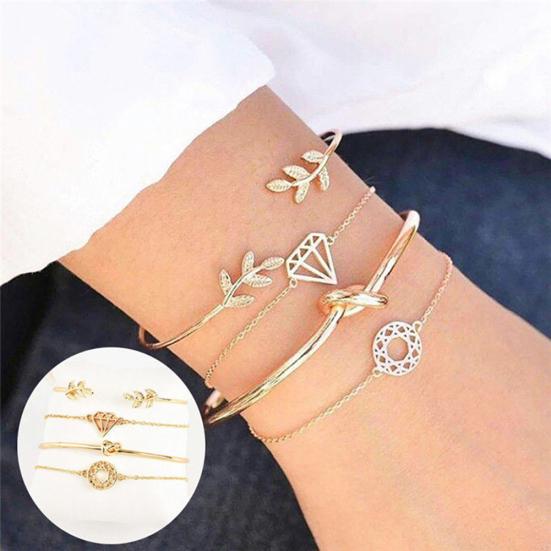 

4Pcs/Set Boho Женщины Лист Узел Полый Кристалл Открытый Браслет Ювелирный Декор